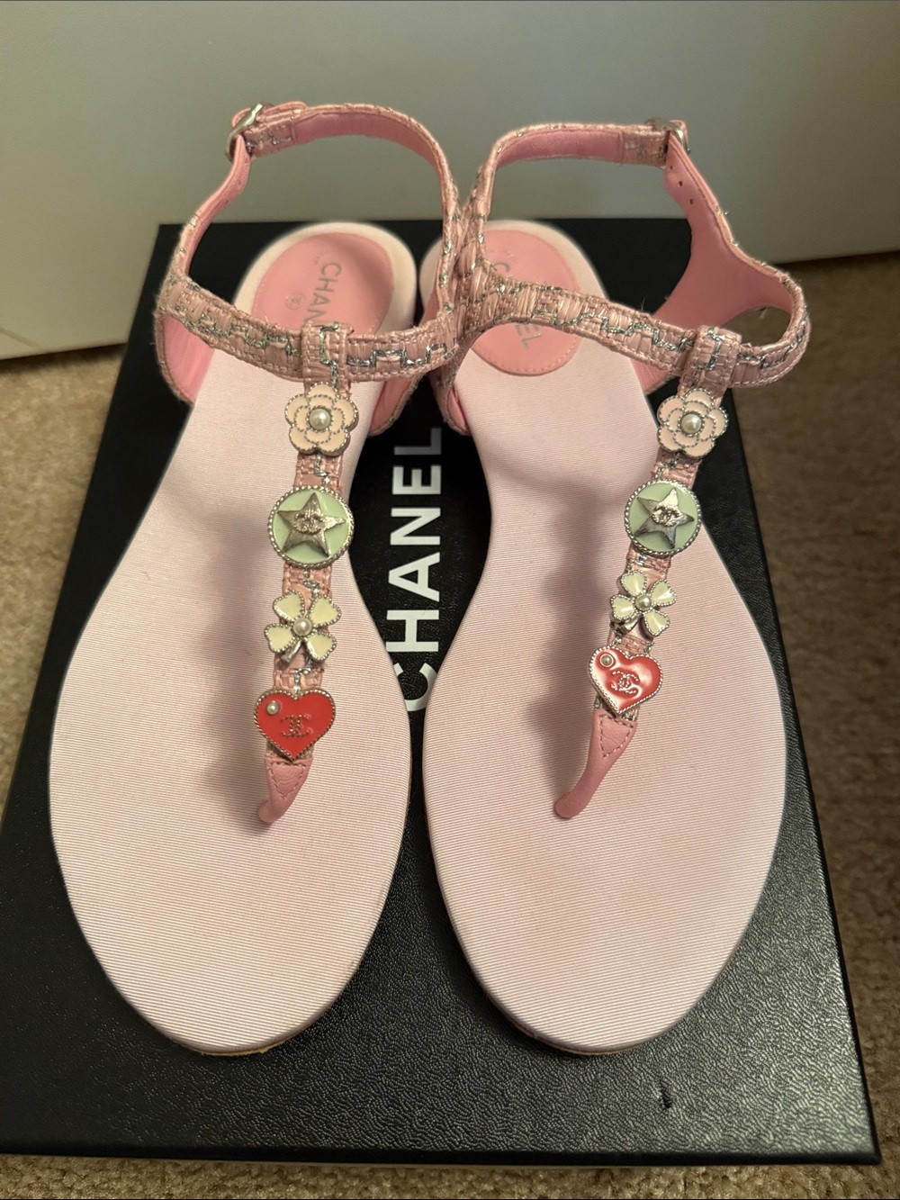 CHANEL Pink Embellished T-Strap Sandals